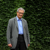 Amartya Sen photographed in The Wren Library at Trinity College in Cambridge.