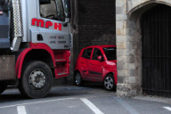Woman's car becomes stuck in historic 'South Gates' gateway after collision, King's Lynn, Norfolk, Britain - 17 Apr 2012