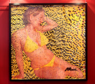 Artist David Mach bikini-clad woman picture made from Queen postcards and Marilyn Monroe postcard picture to be sold, Scotland - 20 Apr 2012