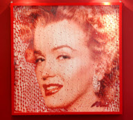 Artist David Mach bikini-clad woman picture made from Queen postcards and Marilyn Monroe postcard picture to be sold, Scotland - 20 Apr 2012