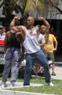 Mark Wahlberg and Dwayne Johnson keep things moving on "Pain and Gain" set