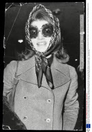 Jackie Onassis Pictured Wearing Singlasses And A Headscarf. Jacqueline Lee Bouvier Kennedy Onassis (died May 1994) Widow Of President John F. Kennedy And Shipping Magnate Aristotle Onassis. Jackie Kennedy