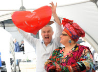 Damien Hirst and Camilla Batmanghelidjh, spin art project for children, Covent Garden, London, Britain  - 14 Jun 2012