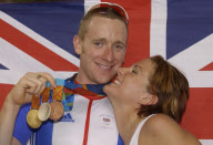 Bradley Wiggins (l) With Fiancee Cath Cochrane After Claiming His Third Medal Of The 2004 Athens Olympic Games In The Mens Madison Cycling Final.