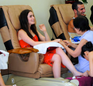 A Happy Lily Collins Treats Herself To a Mani/Pedi