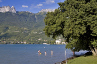 "Haute Savoie Annecy Lake near Chaparon people bathing mountain water lake family Europe France East