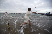 Bramble Bank Cricket match in the middle of The Solent, Dorset, Britain - 17 Sep 2012