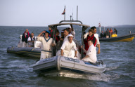 Bramble Bank Cricket match in the middle of The Solent, Dorset, Britain - 17 Sep 2012