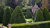 Patrick Cooke, who spends two weeks trimming 12, 30ft high yew tree pyramids at Athelhampton House, Dorset, Britain - 04 Oct 2012