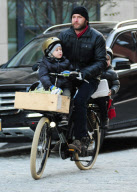 Liev Schreiber Riding a Bicycle with Sons Alexander Pete and Samuel Kai
