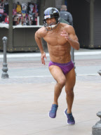 EXCLUSIVE Super ripped Mario Lopez sprints wearing nothing but underwear and a football helmet Part 2