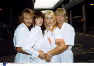 ABBA CAST WHO ARE IN THE SHOW 'BJORN AGAIN'  AT LONDON HEATHROW AIRPORT ON THE START OF THEIR BRITISH TOUR - MAY 1991