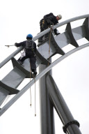 Engineers carry out safety checks on rollercoasters and other rides at Thorpe Park, Surrey, Britain - 26 Feb 2013