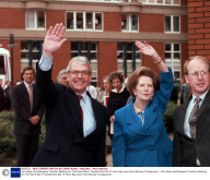 John Major And Margaret Thatcher Walking On The Same Site In Teeside She Did 10 Years Ago.seen Here Waving To Supporters. 