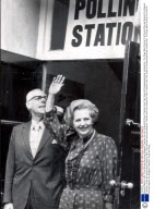 General Election 1983. Prime Minister Baroness Margaret Thatcher And Her Husband Sir Denis Thatcher Cast Their Votes At Chelsea/westminster Institute Sw1. The Sings Were Pointing To A Record Post-war Majority For Margaret Thatcher's Tories As Voting