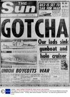 Front page of The Sun newspaper on the sinking of he Argentinian war ship General Belgrano during the Falkland Islands conflict  - 04 May 1982