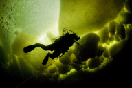 Diver under ice with Northern Lights