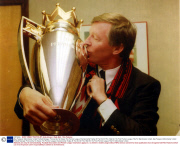 Alex Ferguson Manchester United Football Manager Pictured As He Kisses The Premier League Championship Trophy At The End Of The 1992-93. His First Premier League Title For Manchester United.