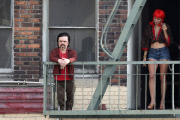 Elle Fanning and Peter Dinklage reach new heights on the set of "Low Down"