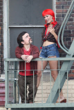 Elle Fanning and Peter Dinklage reach new heights on the set of "Low Down"