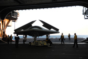 An X-47B Unmanned Combat Air System demonstrator launches from the flight deck of the aircraft carrier USS George H.W. Bush, Atlantic Ocean - 14 May 2013
