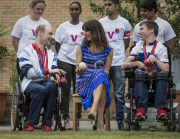 Samantha Cameron plays the game of Boccia with two Paralympians, Daniel Bentley, left and David Smith, right at the charity 'Vitalise', for which she has become patron, at their care cnetre in Chigwell, Essex.
