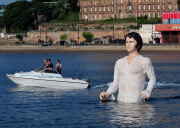 Giant sculpture of Colin Firth as Mr Darcy emerges from the sea at South Bay Beach, Scarborough, Britain - 17 Jul 2013