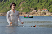 Giant sculpture of Colin Firth as Mr Darcy emerges from the sea at South Bay Beach, Scarborough, Britain - 17 Jul 2013