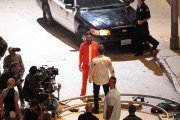 Brooklyn Decker and Chris Pine get into character on the set of 'Stretch'