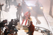 Brooklyn Decker and Chris Pine get into character on the set of 'Stretch'
