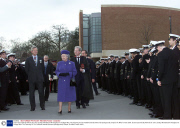 Queen Escorted By Admiral Sir John (sandy) Woodward At Pangbourne College After The Opening Of The Falkland Islands Memorial (background) Chapel. Pic Mike Forster 2000.