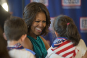 First Lady Michelle Obama lends a hand at a new USO center for Wounded Warriors