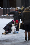 Slipping pedestrians on NYC icy sidewalk