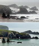 Zerstörter Fels am Porthcorth Beach