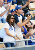 Mila Kunis and Ashton Kutcher take Mila's Baby Bump dressed in Dodgers blue to L.A. Dodgers Baseball Game