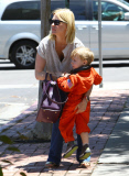 January Jones Stops For BBQ With Her Son And A Friend 