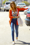 Jessica Alba makes a bright and colorful arrival to work