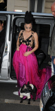 Lady Gaga surrounded by fans when leaving her hotel with her French Bulldog.