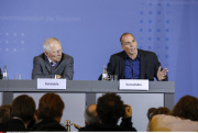 Ger Schauble and Varoufakis at joint press conference in Berlin.