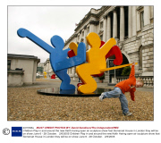 Children Play in and around the new Keith Haring open air sculpture show foat Somerset House in London they will be on show June 6 - 28 October.   2/6/2005