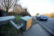 Uprooted speed camera on the North Circular rd, London, Britain - 09 Feb 2015