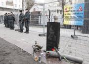 Vladimir Putin Tombstone installed in front of the Russian Embassy, Kiev, Ukraine - 15 Mar 2015