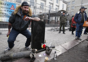 Vladimir Putin Tombstone installed in front of the Russian Embassy, Kiev, Ukraine - 15 Mar 2015
