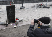Vladimir Putin Tombstone installed in front of the Russian Embassy, Kiev, Ukraine - 15 Mar 2015