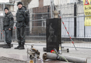 Vladimir Putin Tombstone installed in front of the Russian Embassy, Kiev, Ukraine - 15 Mar 2015