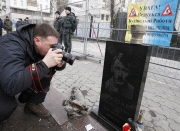 Vladimir Putin Tombstone installed in front of the Russian Embassy, Kiev, Ukraine - 15 Mar 2015