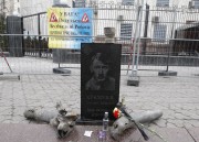 Vladimir Putin Tombstone installed in front of the Russian Embassy, Kiev, Ukraine - 15 Mar 2015