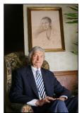 Richie Benaud Channel 4 Cricket Commentator Reflects On The Great Ashes Series Of 2005. A Portrait Of Michael Vaughan Hangs On The Wall Behind Him.