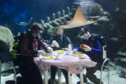 Underwater 'Fish Supper' announcing sustainable fish week at the Sea Life London Aquarium, Britain - 14 May 2015