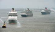 Cunard's Three Queens sail down Mersey, Liverpool, Britain - 25 May 2015